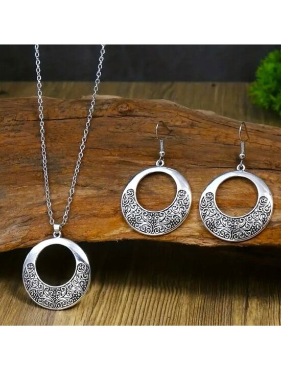 Necklace & earings  Jewelry Set BOHO Jewelry - Necklace & Earrings 3pc Filigree Swirls Silver Round Dangle Boho Trendy Stylish